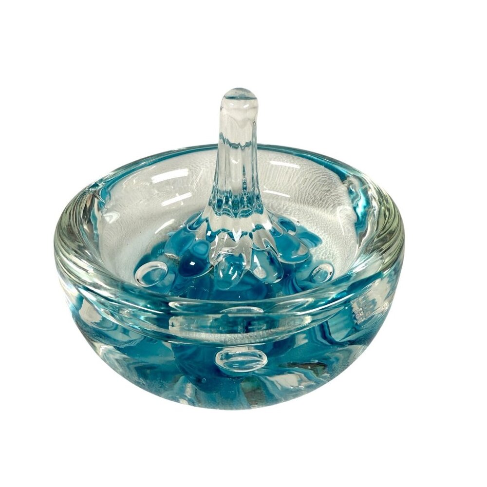Joe Rice Blue & Clear Glass Ring Holder Paper Weight Flower Design